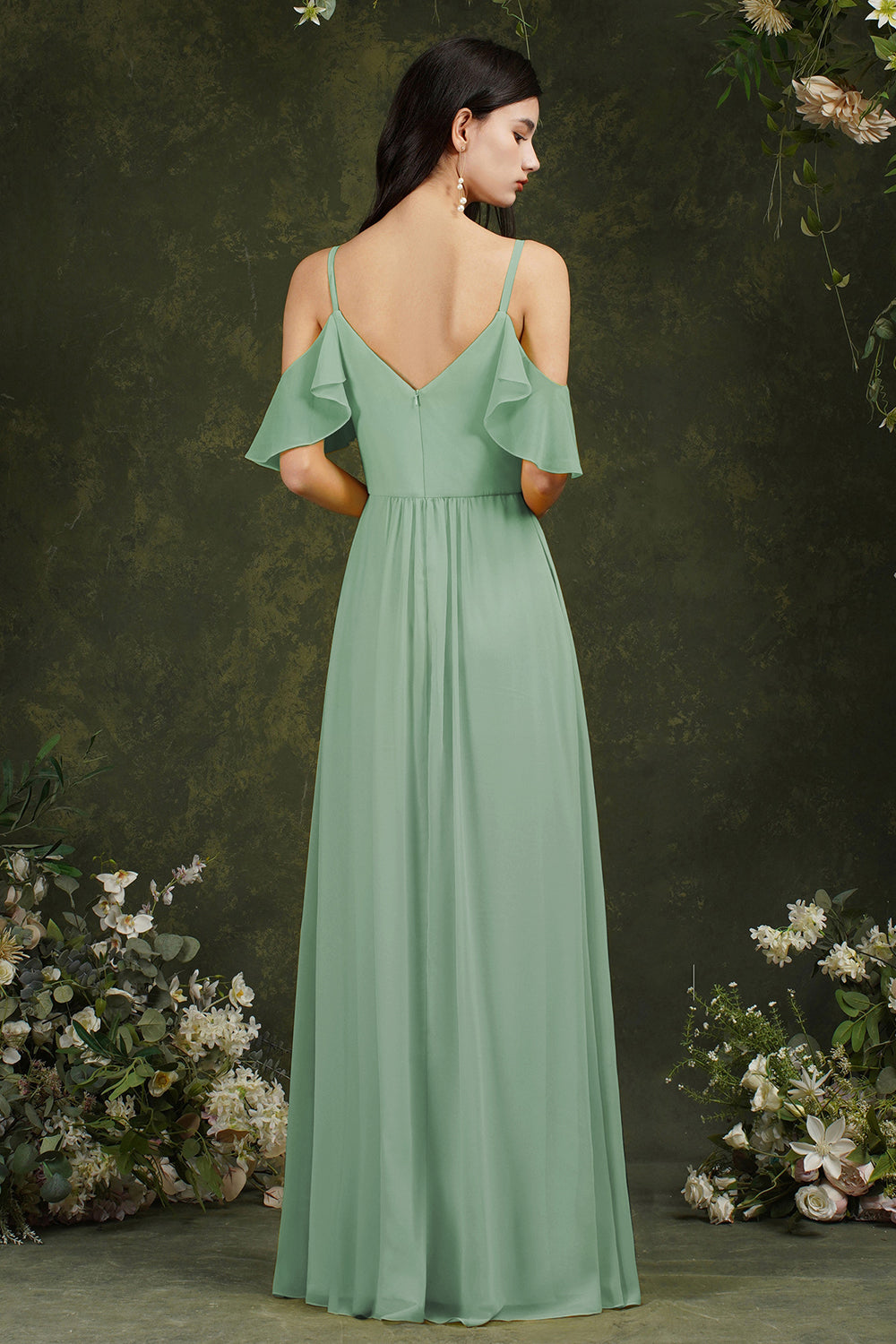 Langes Ballkleid aus Tüll mit Rüschen und Spaghettiträgern