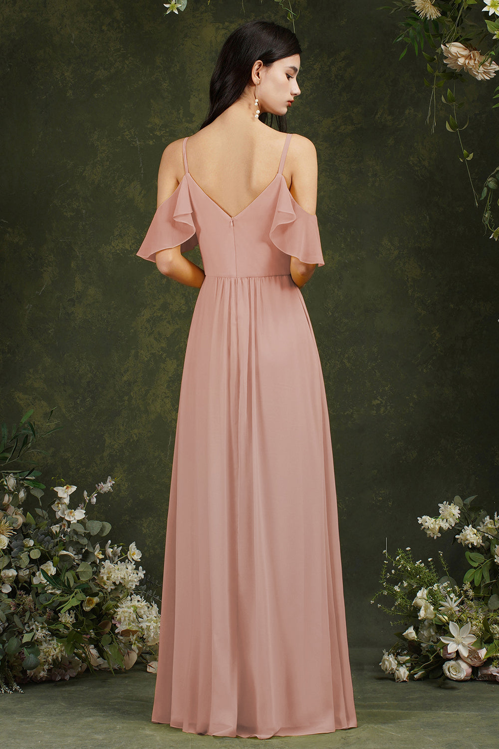 Langes Ballkleid aus Tüll mit Rüschen und Spaghettiträgern