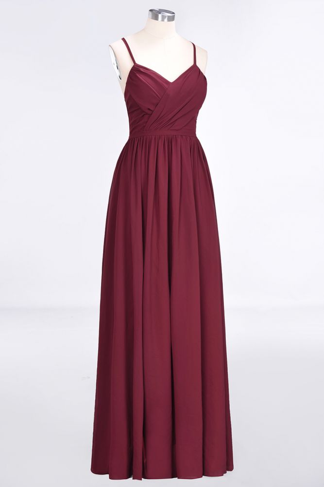 Vestido de dama de honor largo hasta el suelo, sin mangas, con escote en V y tirantes finos de gasa con volantes