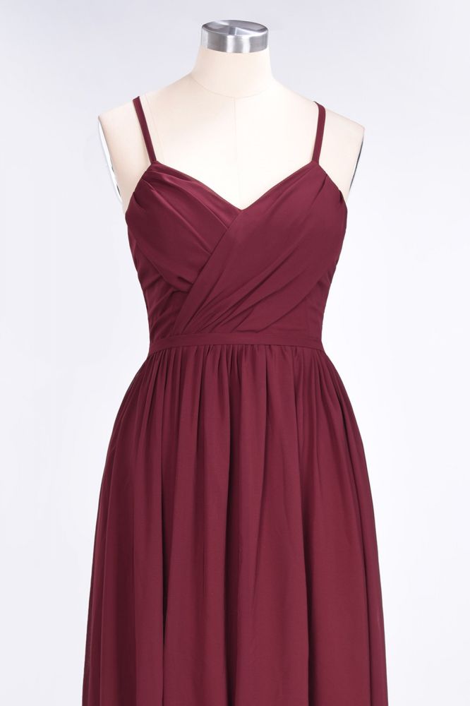 Vestido de dama de honor largo hasta el suelo, sin mangas, con escote en V y tirantes finos de gasa con volantes