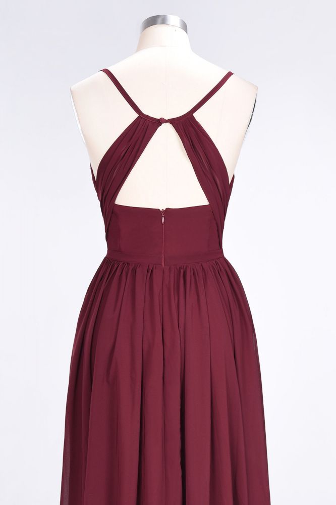 Vestido de dama de honor largo hasta el suelo, sin mangas, con escote en V y tirantes finos de gasa con volantes