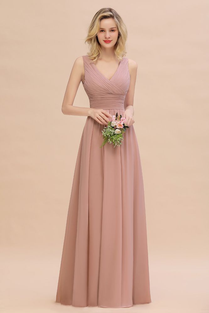 Vestidos de dama de honor rosa empolvado con escote en V y volantes | Vestidos de noche largos sin mangas