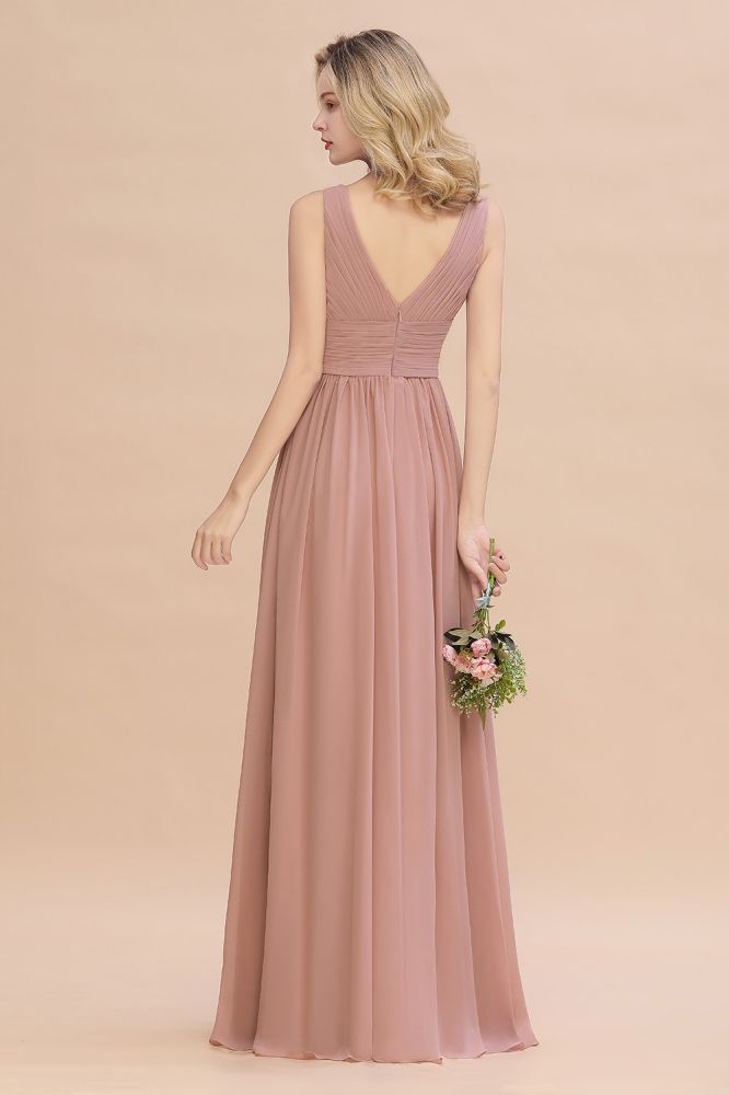 Vestidos de dama de honor rosa empolvado con escote en V y volantes | Vestidos de noche largos sin mangas