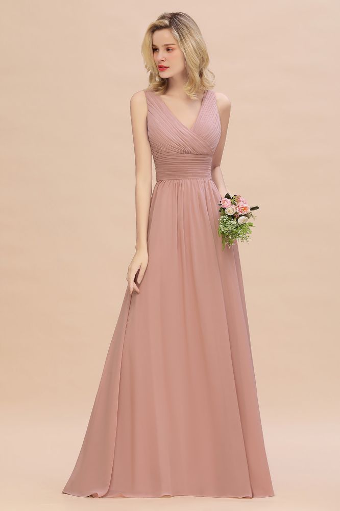 Vestidos de dama de honor rosa empolvado con escote en V y volantes | Vestidos de noche largos sin mangas