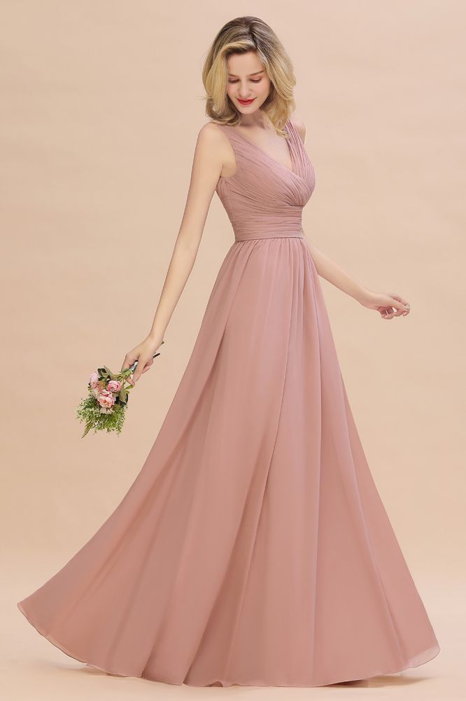 Vestidos de dama de honor rosa empolvado con escote en V y volantes | Vestidos de noche largos sin mangas