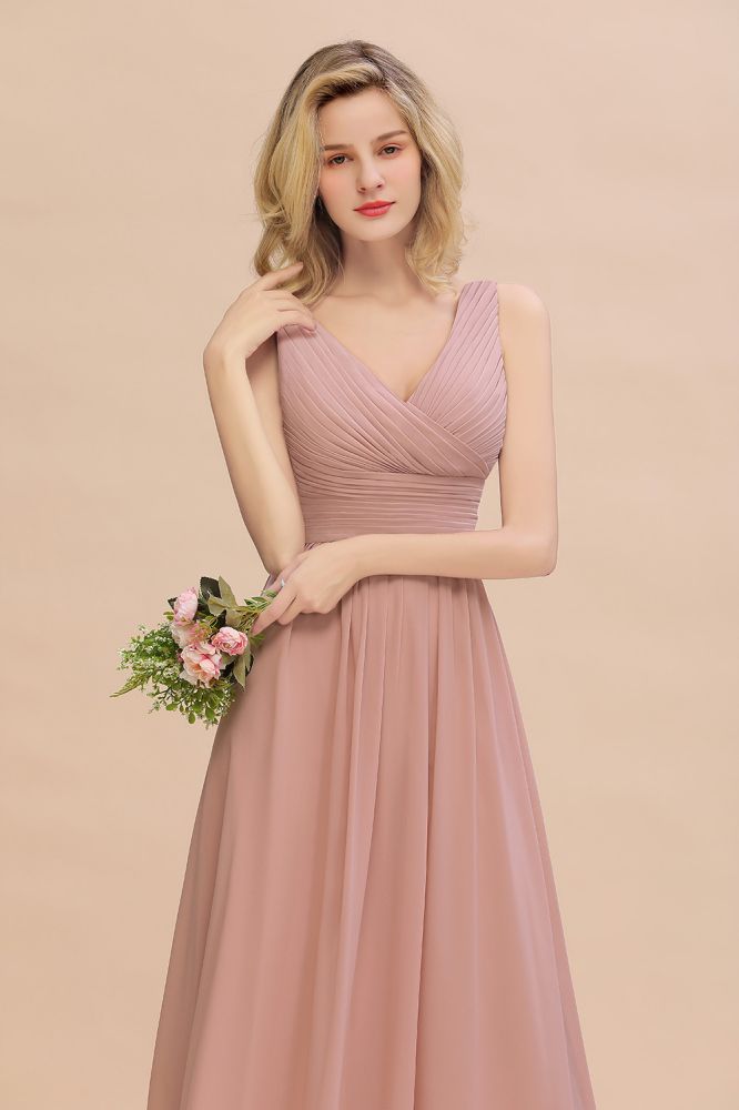 Vestidos de dama de honor rosa empolvado con escote en V y volantes | Vestidos de noche largos sin mangas