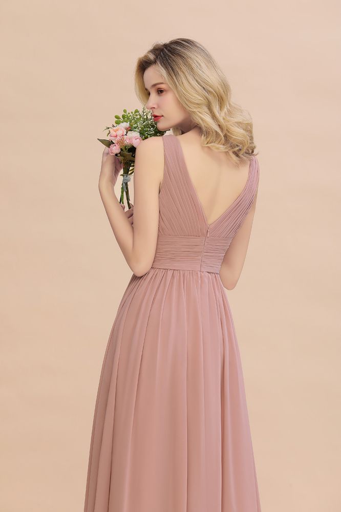 Vestidos de dama de honor rosa empolvado con escote en V y volantes | Vestidos de noche largos sin mangas