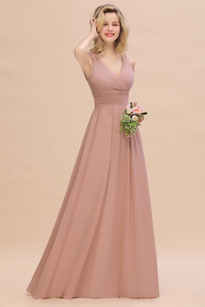 Vestidos de dama de honor rosa empolvado con escote en V y volantes | Vestidos de noche largos sin mangas