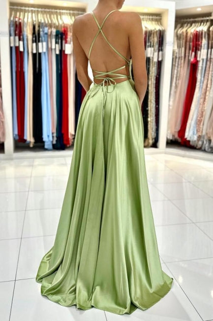 Salbeigrünes Abendkleid, schlichtes langes A-Linien-Ballkleid aus Satin mit Schlitz