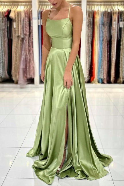 Salbeigrünes Abendkleid, schlichtes langes A-Linien-Ballkleid aus Satin mit Schlitz