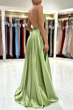 Salbeigrünes Abendkleid, schlichtes langes A-Linien-Ballkleid aus Satin mit Schlitz
