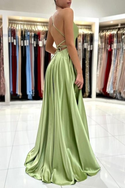 Salbeigrünes Abendkleid, schlichtes langes A-Linien-Ballkleid aus Satin mit Schlitz