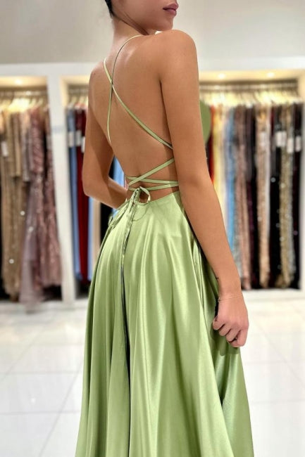 Salbeigrünes Abendkleid, schlichtes langes A-Linien-Ballkleid aus Satin mit Schlitz