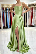 Salbeigrünes Abendkleid, schlichtes langes A-Linien-Ballkleid aus Satin mit Schlitz
