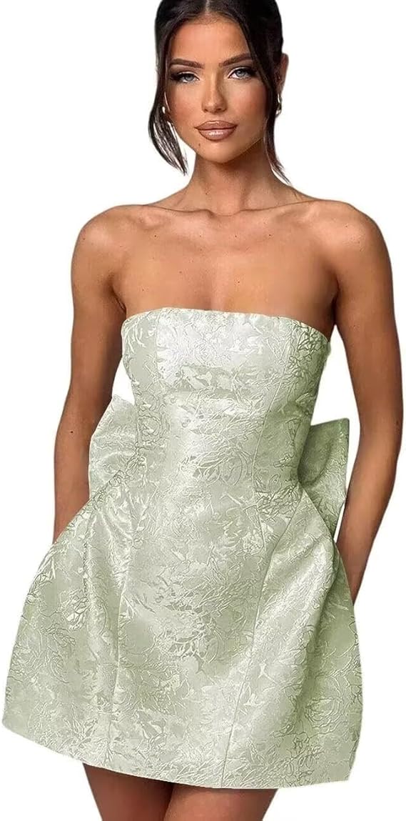 Trägerloses, kurzes Ballkleid für den Heimkehr, ärmelloses Partykleid aus Jacquard-Satin mit Schnürung und Schleife