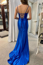 Vestido de sirena plisado con cuello redondo y cordones en azul real Saxon