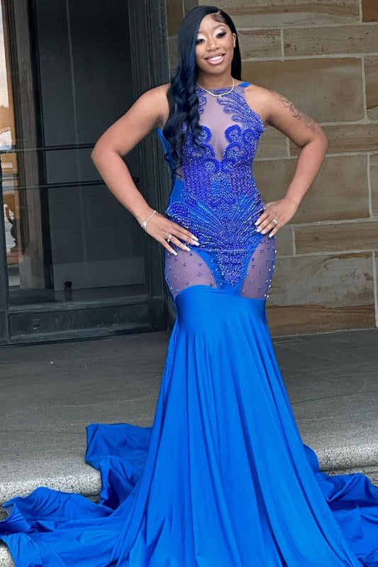 Saxy königsblaues ärmelloses Meerjungfrau-Ballkleid aus Spitze