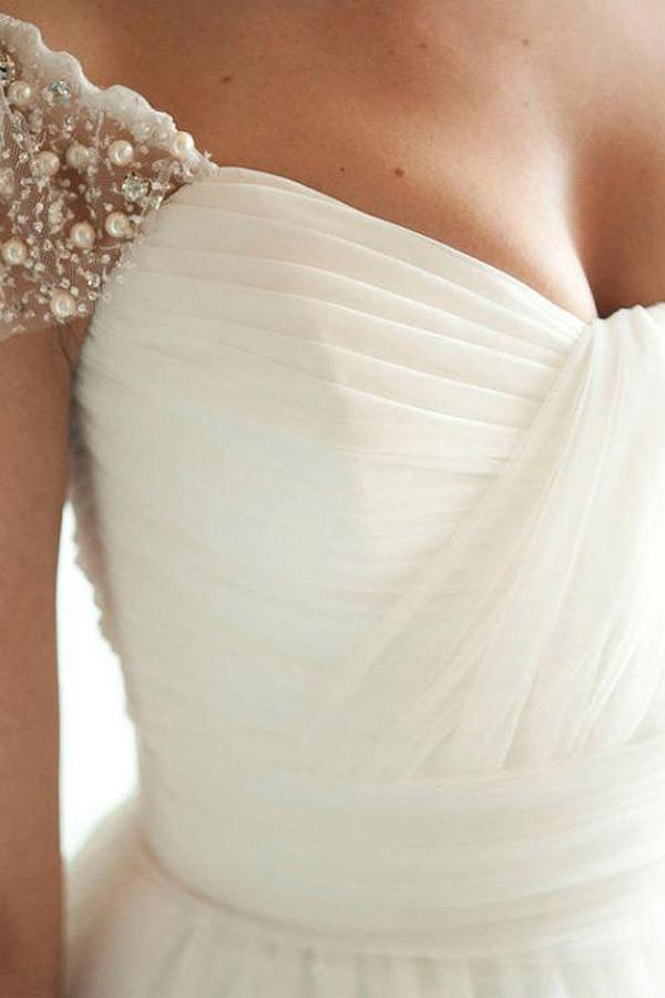 Scoop Cap Sleeves Sweep Train Beading Pleated Wedding Dress with Beading WD106
