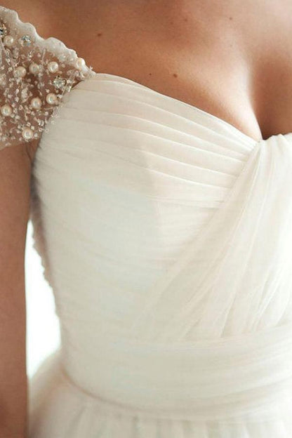 Scoop Cap Sleeves Sweep Train Beading Pleated Wedding Dress with Beading WD106