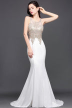 Meerjungfrau-Ballkleid mit U-Ausschnitt und Chiffon-Applikationen