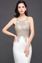 Meerjungfrau-Ballkleid mit U-Ausschnitt und Chiffon-Applikationen