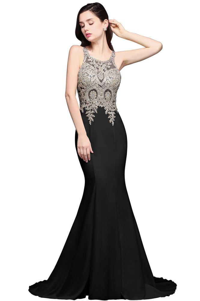 Meerjungfrau-Ballkleid mit U-Ausschnitt und Chiffon-Applikationen