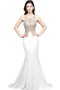 Meerjungfrau-Ballkleid mit U-Ausschnitt und Chiffon-Applikationen