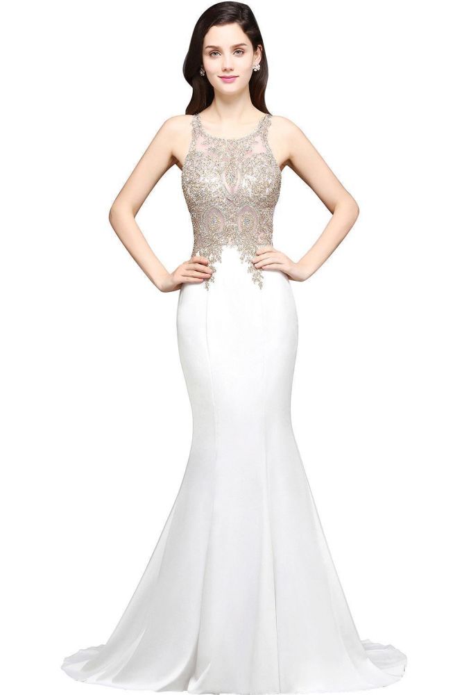 Meerjungfrau-Ballkleid mit U-Ausschnitt und Chiffon-Applikationen