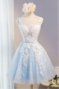 U-Ausschnitt, kurzes Tüll-Heimkehrkleid, Partykleid mit Spitzenapplikationen, PG137