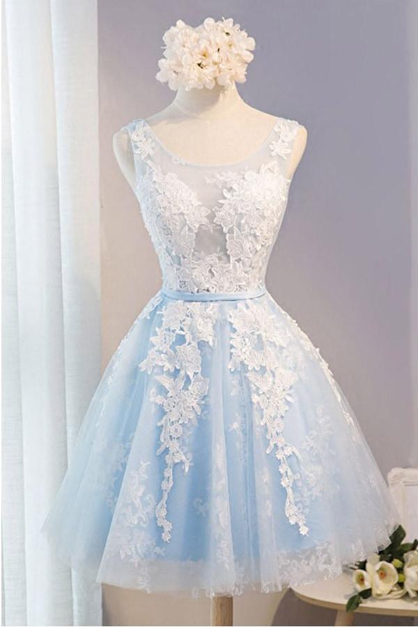 U-Ausschnitt, kurzes Tüll-Heimkehrkleid, Partykleid mit Spitzenapplikationen, PG137