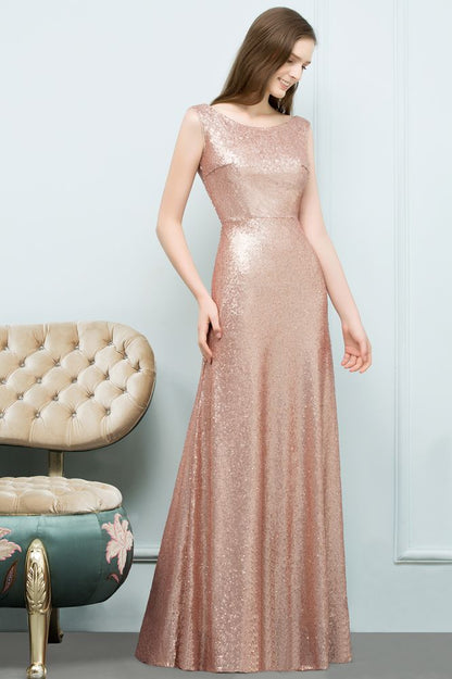 Scoop Sleeveless A-line Floor Length Sequined Prom Dresses