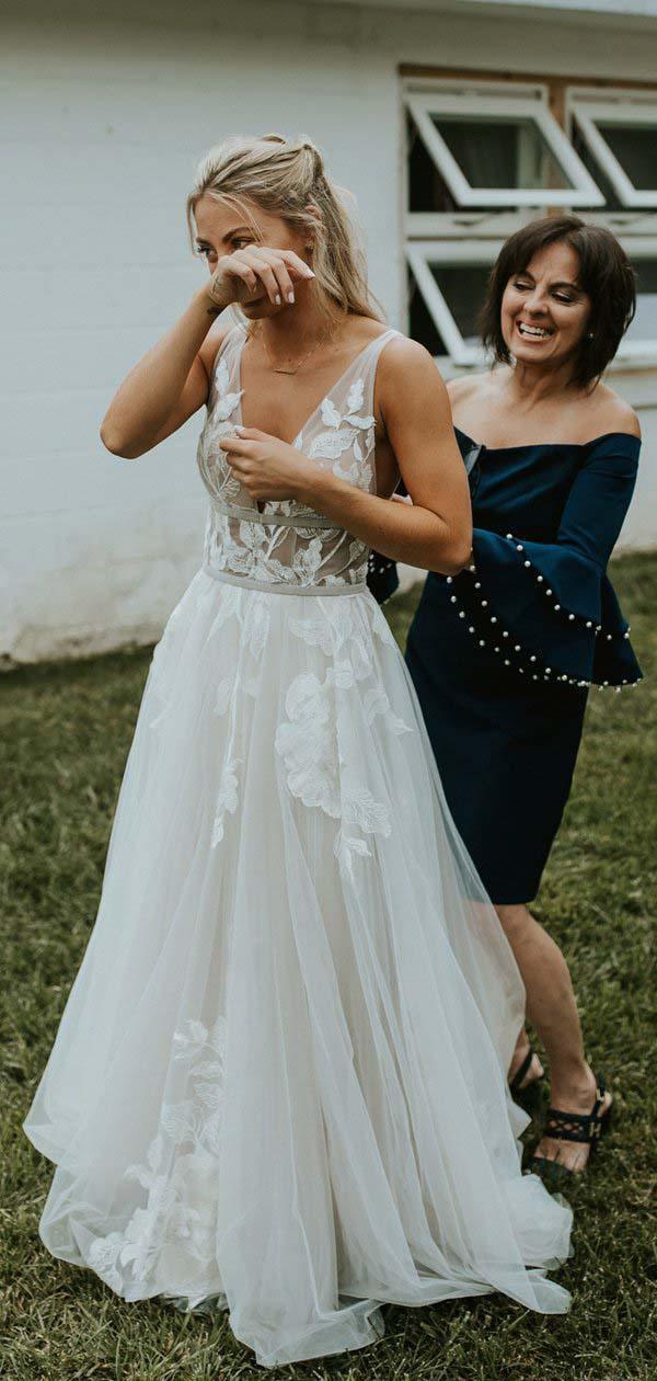 See Through Lace Ivory Tulle V-neck V-back Beach Wedding Dresses WD419