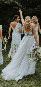 See Through Lace Ivory Tulle V-neck V-back Beach Wedding Dresses WD419
