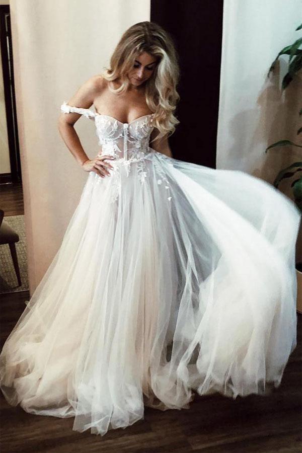 See-Through Off Shoulder Ivory Long Wedding Dress with Appliques  WD363