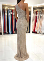 Elegante vestido de fiesta largo de sirena con un hombro al descubierto, lentejuelas, sin mangas y abertura frontal