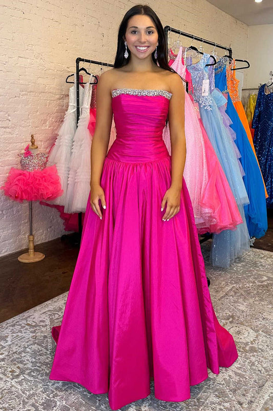 Seraphia | Trägerloses, fuchsiafarbenes, perlenbesetztes A-Linien-Ballkleid