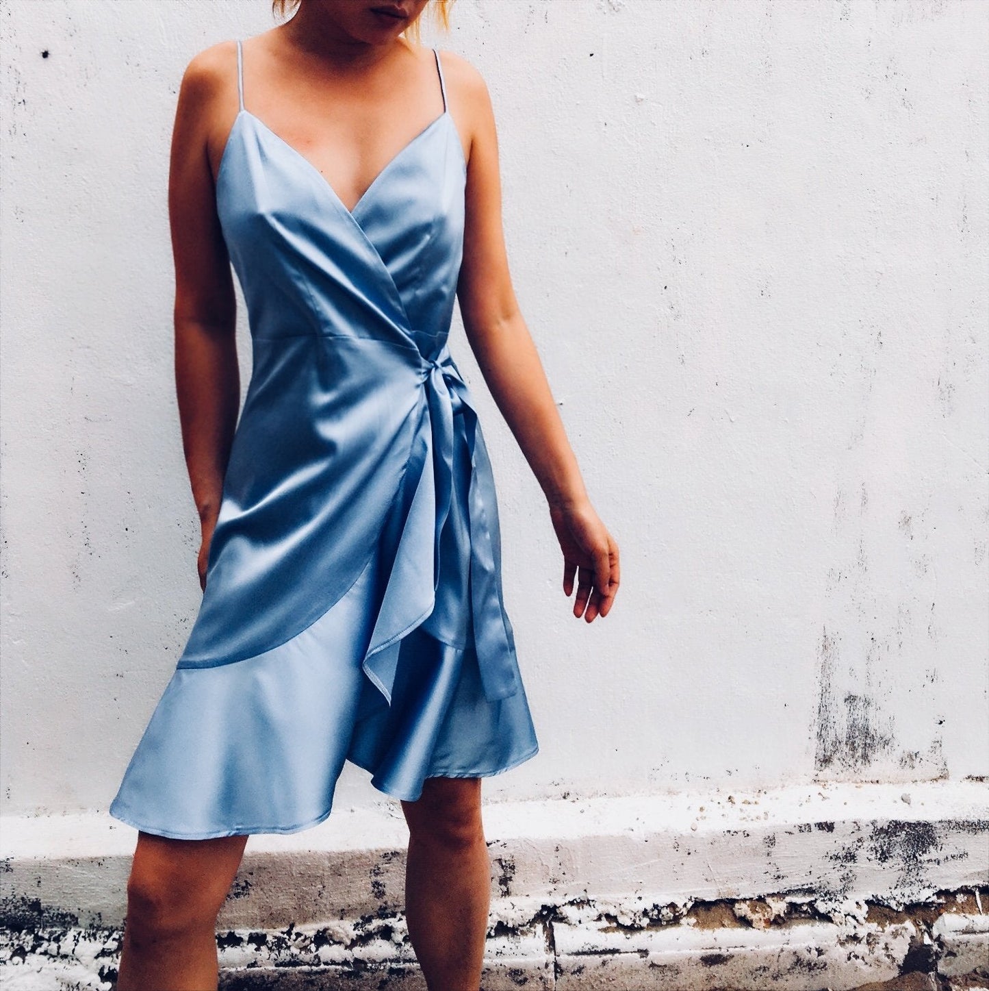 Serenity Blue V Neck Mulberry Silk Chemise Dress