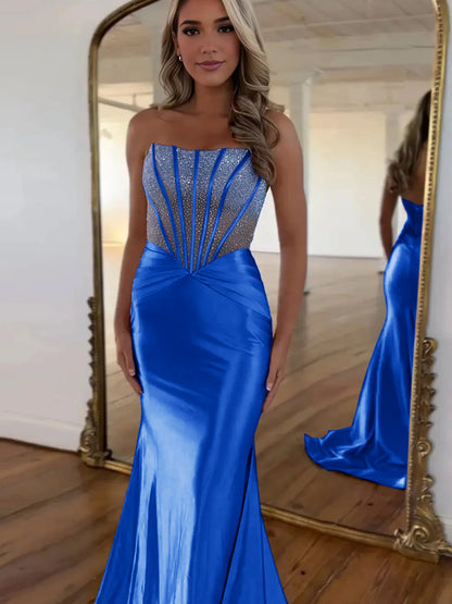 Serin | Lila trägerloses Meerjungfrau-Ballkleid aus Satin mit Perlen
