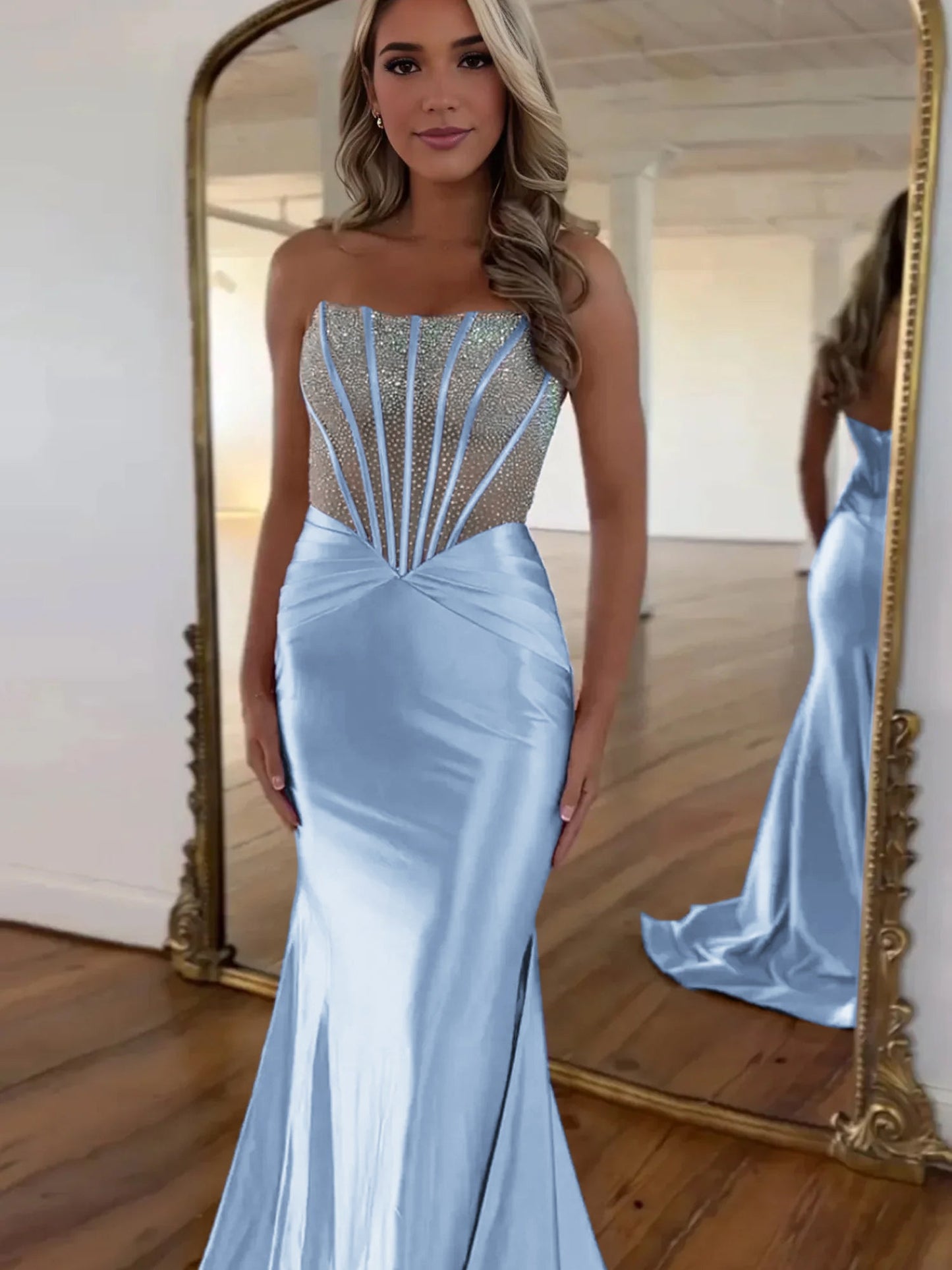 Serin | Lila trägerloses Meerjungfrau-Ballkleid aus Satin mit Perlen