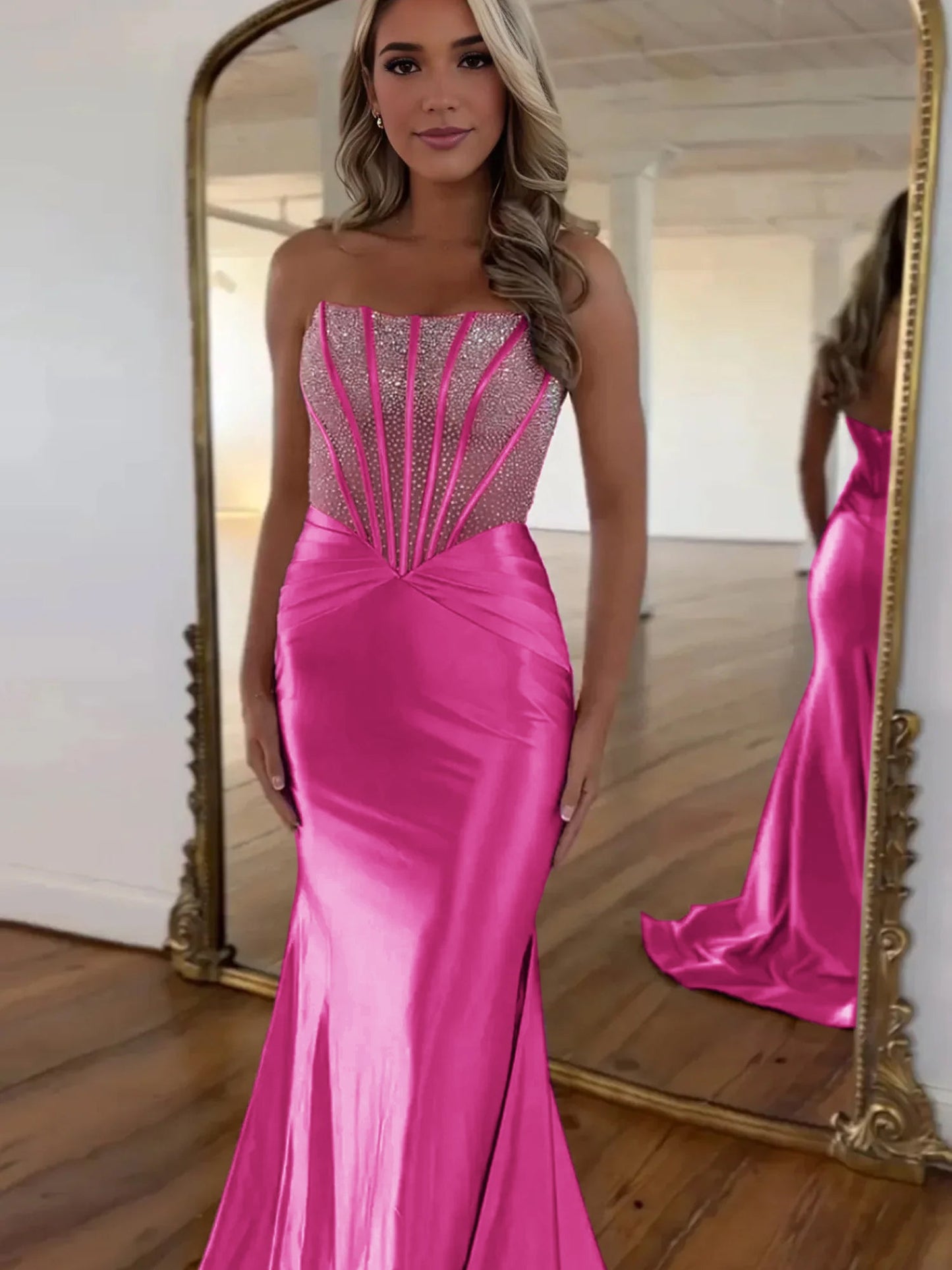 Serin | Lila trägerloses Meerjungfrau-Ballkleid aus Satin mit Perlen