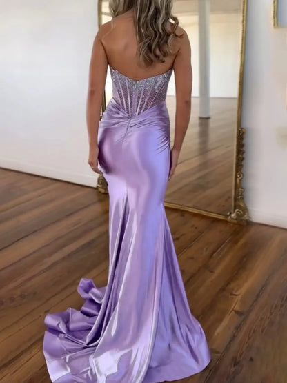 Serin | Lila trägerloses Meerjungfrau-Ballkleid aus Satin mit Perlen