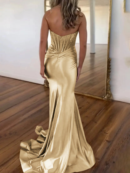 Serin | Lila trägerloses Meerjungfrau-Ballkleid aus Satin mit Perlen