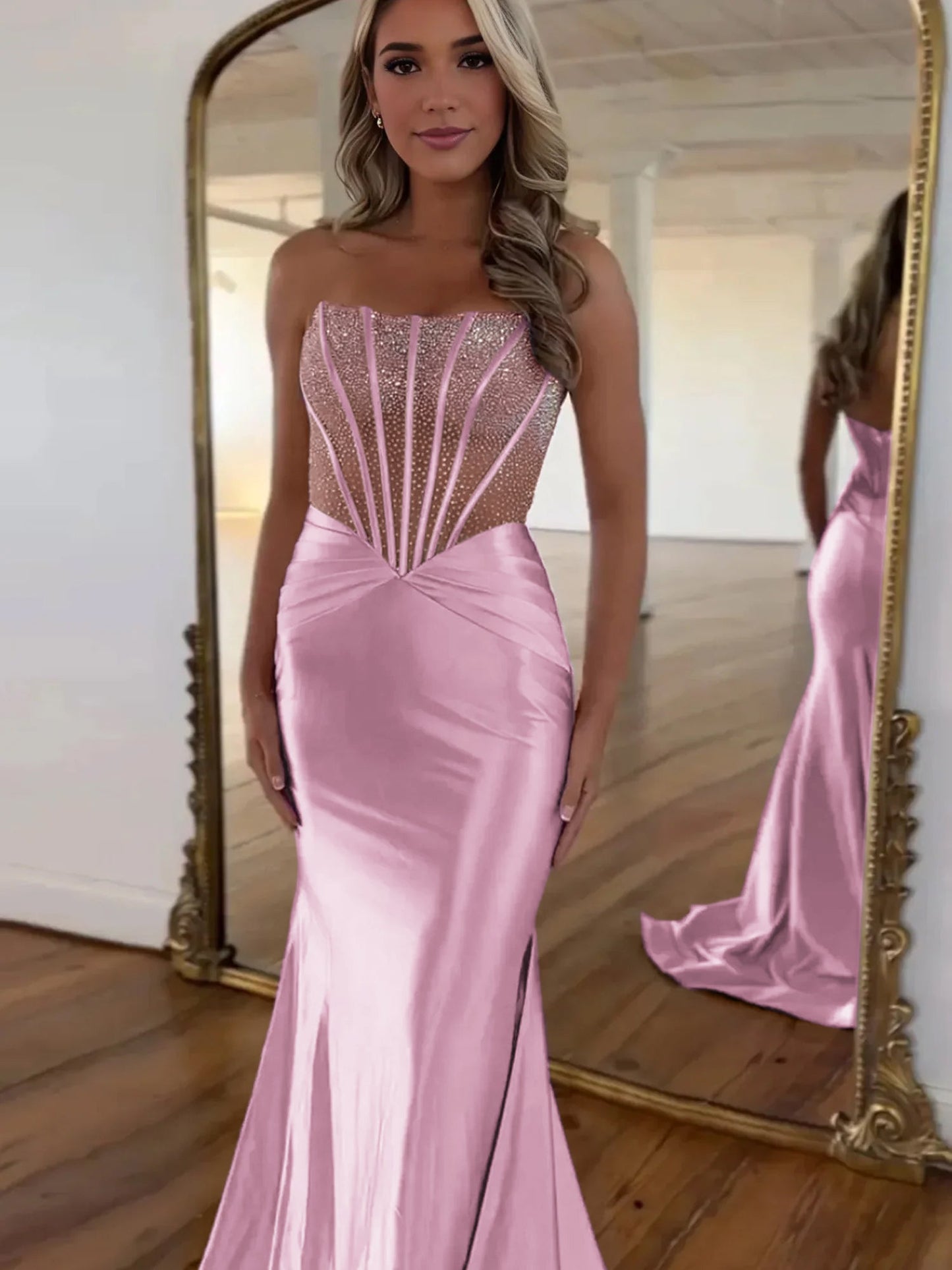 Serin | Lila trägerloses Meerjungfrau-Ballkleid aus Satin mit Perlen