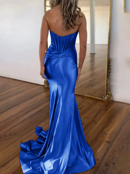 Serin | Lila trägerloses Meerjungfrau-Ballkleid aus Satin mit Perlen