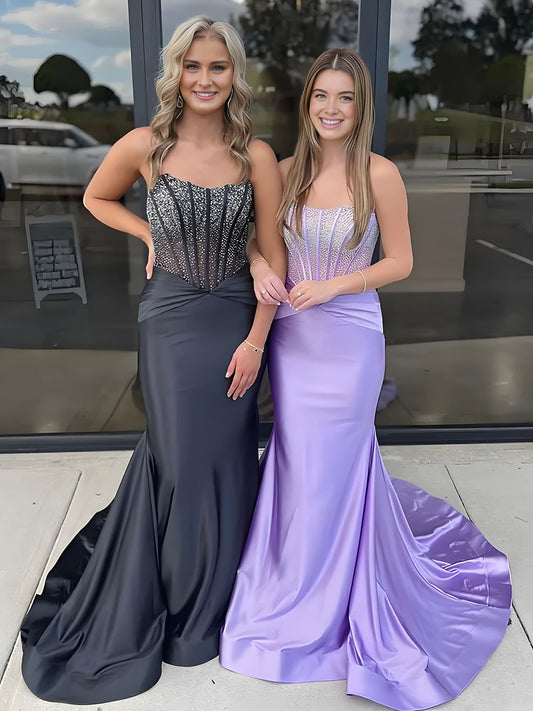 Serin | Lila trägerloses Meerjungfrau-Ballkleid aus Satin mit Perlen