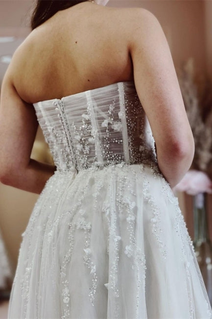 Vestidos de novia sexys de corte A, largos, con encaje brillante, sin mangas y abertura