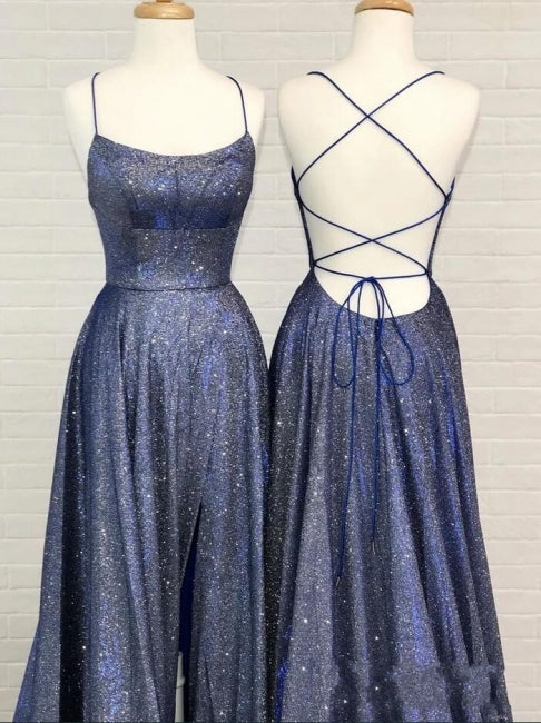 Vestido de fiesta sexy de corte A con tirantes finos, volantes y abertura