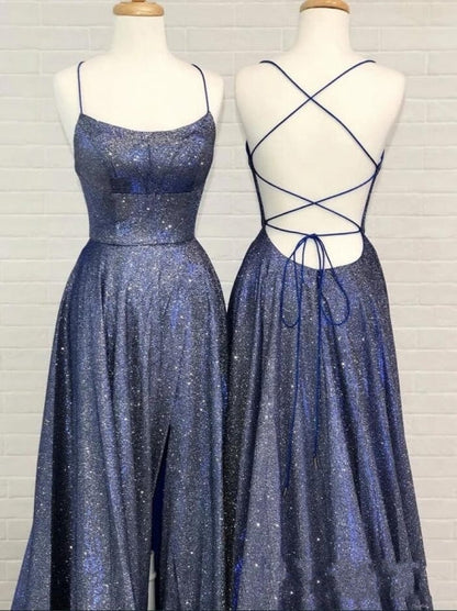 Sexy A-line Spaghetti Straps Ruffles Prom Dress with Slit
