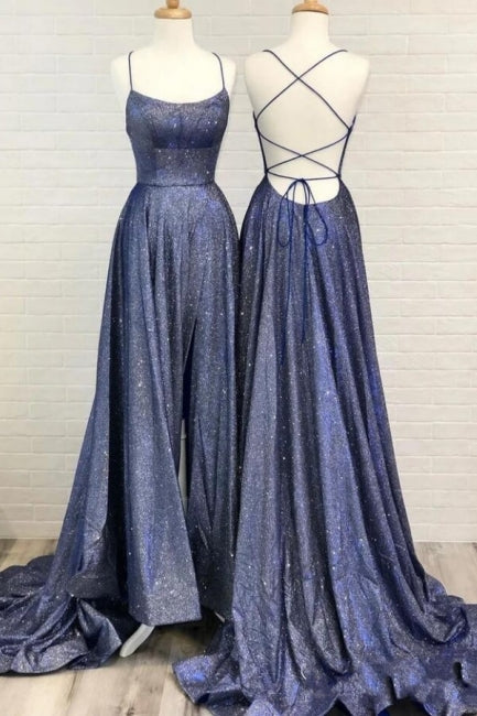 Vestido de fiesta sexy de corte A con tirantes finos, volantes y abertura