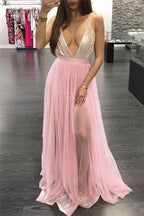 Sexy A-Linie V-Ausschnitt Rückenfreies langes Ballkleid mit Schlitz